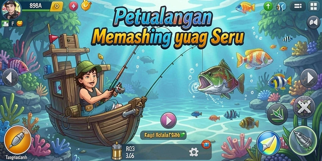 Tangkapan ikan besar di lautan luas dalam gameplay 898A.