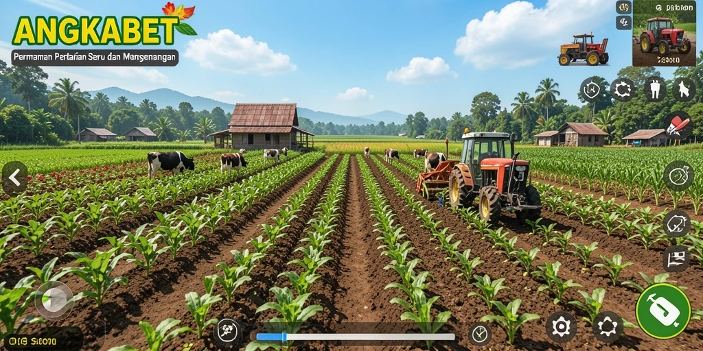Screenshot gameplay ANGKABET menampilkan ladang hijau yang subur dan aktifitas bertani.