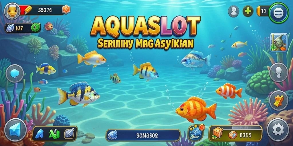 Tangkapan screenshot gameplay AQUASLOT menampilkan aksi seru saat memancing berbagai jenis ikan.