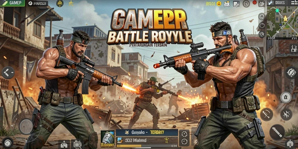 Screenshot utama GAMERP menampilkan aksi seru dalam pertarungan Battle Royale.