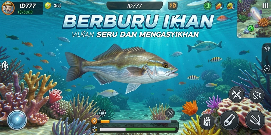 Screenshot gameplay ID777 menampilkan aksi menangkap ikan yang mendebarkan.