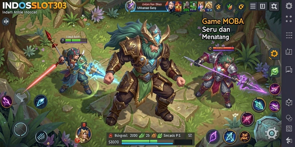 Screenshot gameplay <strong>INDOSLOT303</strong> menampilkan aksi seru karakter di arena MOBA.