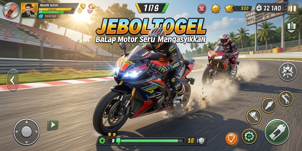 Tampilan gameplay mendebarkan dari JEBOLTOGEL dengan sepeda motor balap.