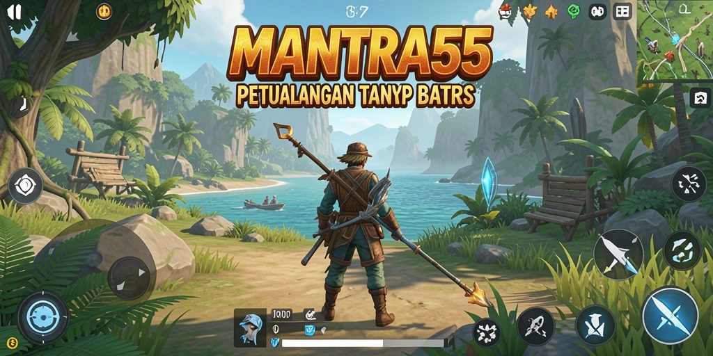 Screenshot gameplay MANTRA55 yang menampilkan petualangan dunia terbuka.