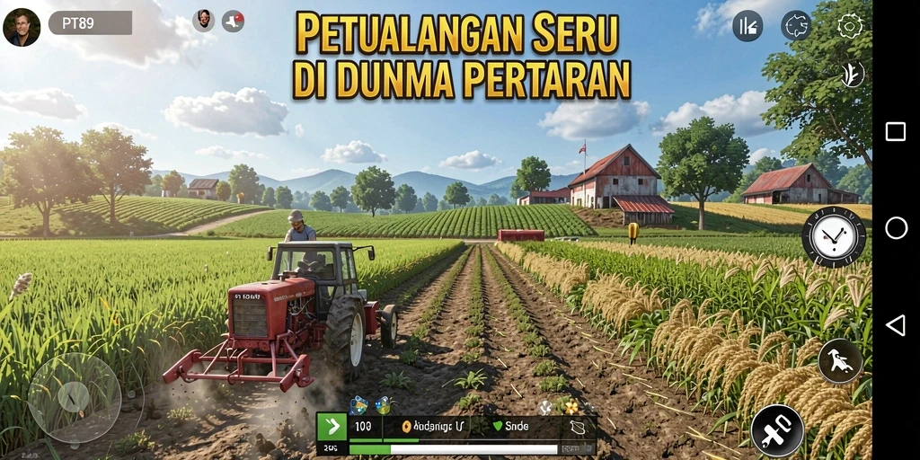 Tampilan screenshot PT89 menampilkan pemain sedang merawat ladang pertanian.