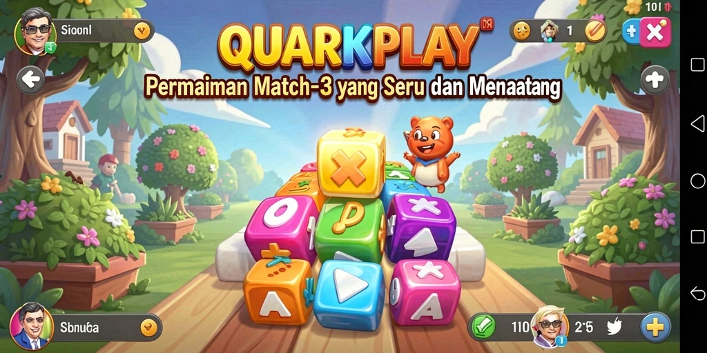 Screenshot gameplay QUARKPLAY dengan permata berwarna-warni.