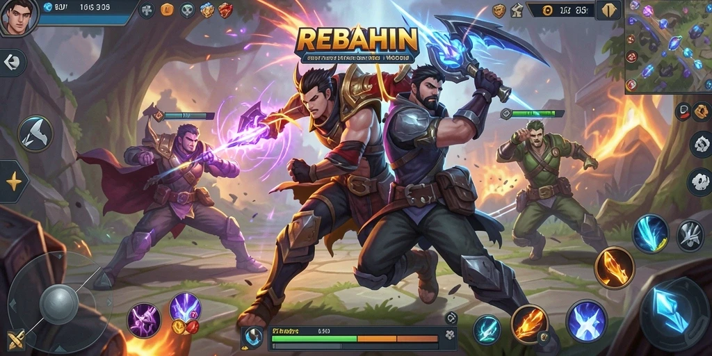 Screenshot pertarungan seru dalam game MOBA REBAHIN.